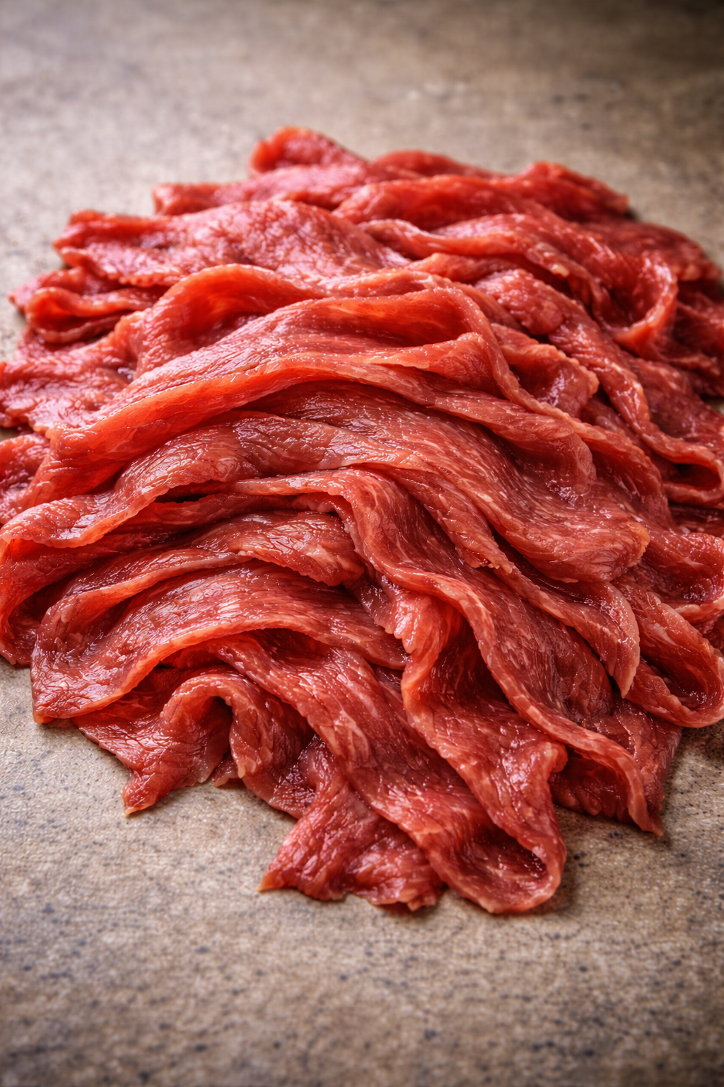 Ribbon-thin beef slices prepared for suya