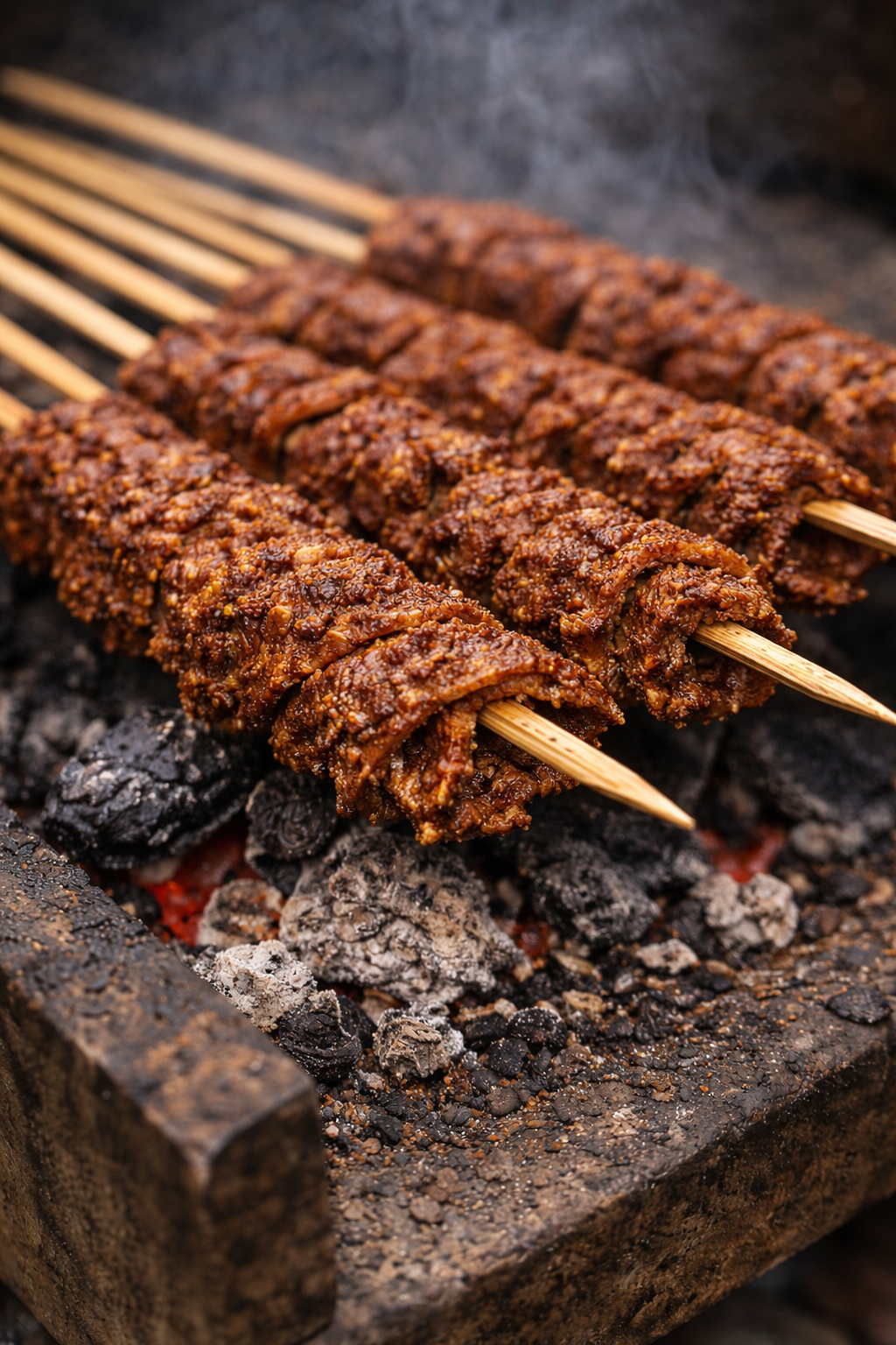 Suya skewers grilling over open charcoal